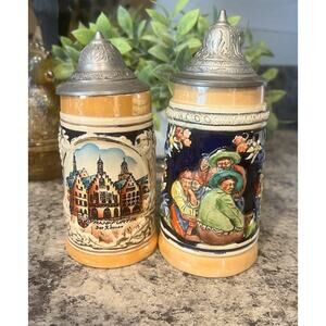 Pair German Beer Stein Pewter Lid Vintage 4” & 4.5” Germany Collectible Vintage